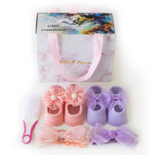 Load image into Gallery viewer, Baby Brush, Booties, and Headband Set
